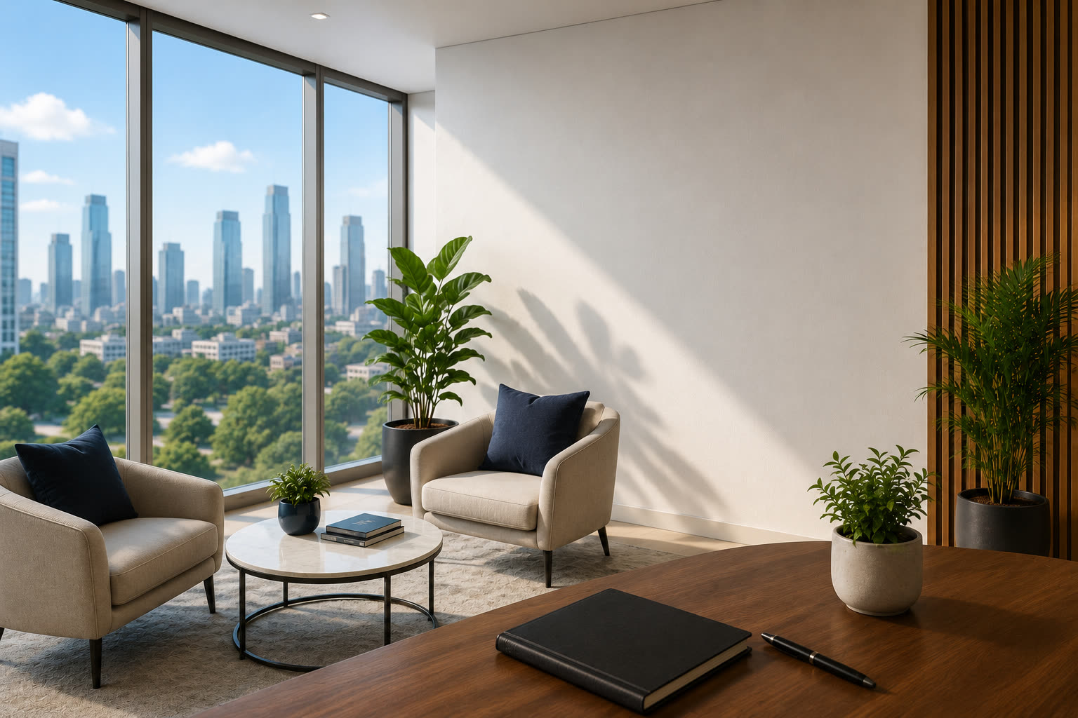 A light-filled SpArrow Fin office lounge with a city skyline view