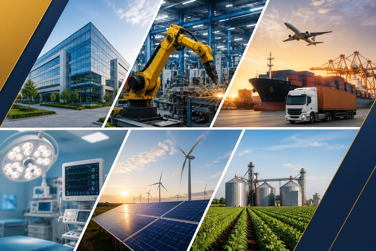 A collage of the sectors SpArrow Fin finances: construction, manufacturing, logistics, healthcare, renewables and agriculture