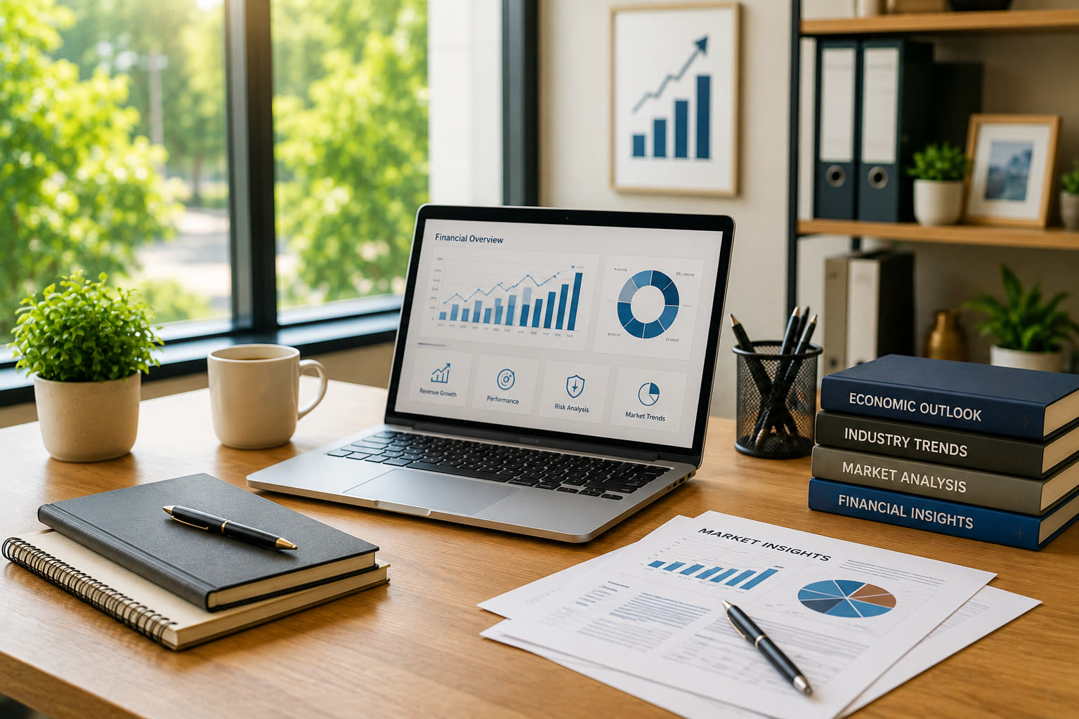 A laptop showing financial overview charts beside market research reports and books on economic outlook and industry trends