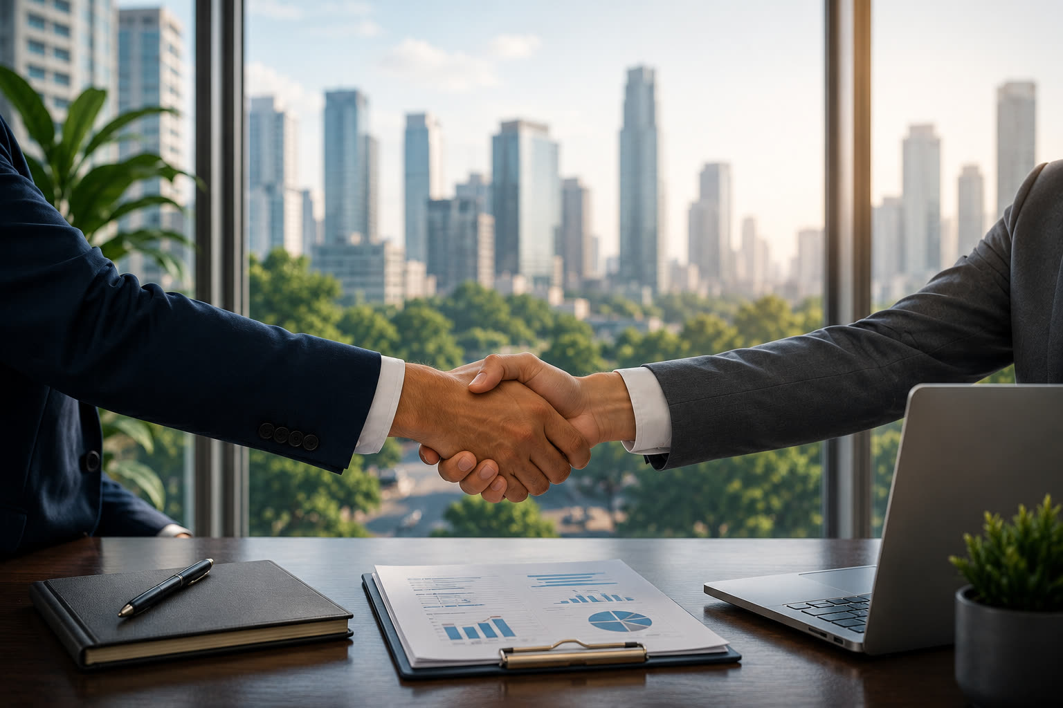 Business partners shaking hands against a city skyline, with deal documents on the desk